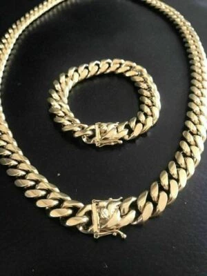 HARLEMBLING 14mm Men Miami Cuban Link Bracelet & Chain Set 14k Gold Plated - Image 1 of 4
