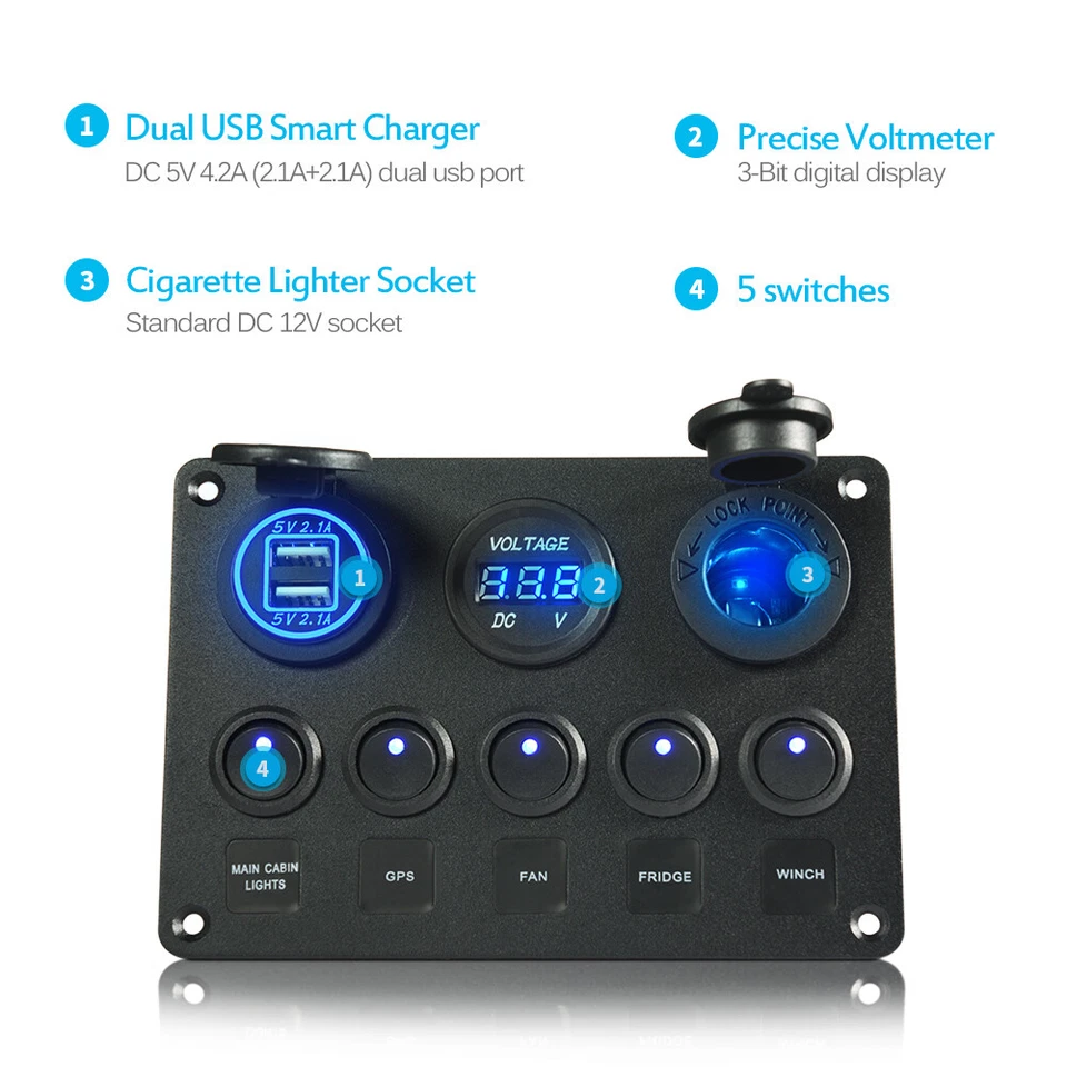 Dual USB 5-Gang Rocker Switch Panel 12-24V Toggle Voltmeter Charger For Car Boat - Image 1 of 4