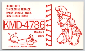 Postcard QSL KMD-4786 Upper Saddle River New Jersey Boxer with Knock Out Pinup - Picture 1 of 2