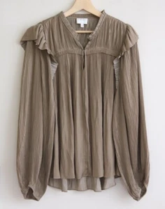 WITCHERY Size 16 Olive Green Silky Plisse Blouse, Shirt, TOP Full Sleeve, Khaki - Picture 1 of 8