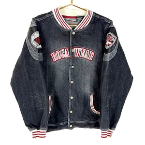Y2K Rocawear Denim Jean Jacket Women's XL Black Snap Button Embroidered - Picture 1 of 5