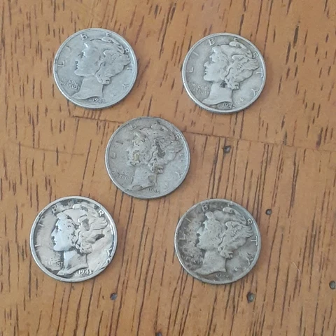 MERCURY DIMES - LOT OF (5) - WAR YEARS, 1941-1945  90% SILVER   (C) Cover