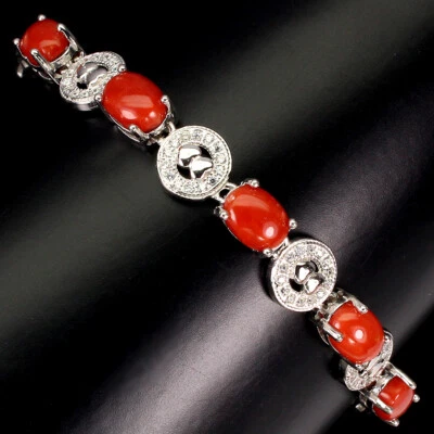Pulsera de plata de ley 925 ovalada naranja coral Italia 7x5 mm joyas de piedras preciosas Foto 1 de 4