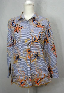 New Peck & Peck Blue White Stripe Embroidered Floral Long Sleeve Tunic Top Sz S - Picture 1 of 9