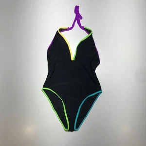 Costume da bagno donna pezzo unico nero a tuffo stile retrò con bordo colorato M - Foto 1 di 8