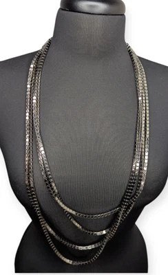 Natasha Silver/Black Multistrand Block Chain Long Necklace w/Lobster Claw Clasp - Image 1 of 4