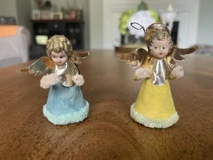 Vintage Schale Engel Figuren 2er Set blau & gelbe Kleider mit goldenen Flügeln - Bild 1 von 5