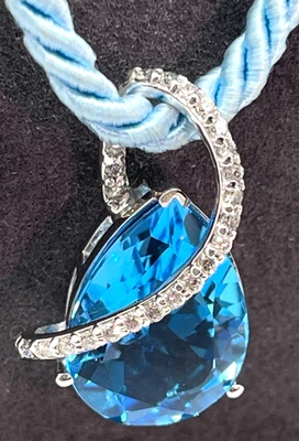 Necklace 14 mm Blue Topaz Teardrop 14K White Gold w/Diamond Accents 16" Cord - Image 1 of 4