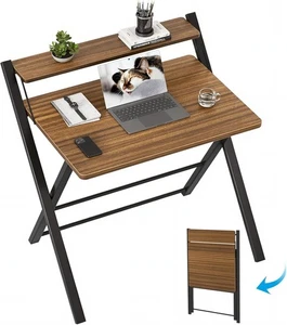 GreenForest No Assembly Folding Desk, 2-Tier Compact 22 x 27.3 inch, Walnut - Picture 1 of 9