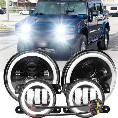 For Hummer H2 H3T 05-10 7" INCH Halo LED Headlight DRL&4" Fog Lights Combo Kit - Image 1 of 4