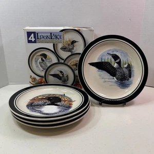 4 Folkcraft Stoneware LOON LAKE 8.5” Dessert Salad Plates Lot By Scotty Z 3324 - Picture 1 of 16