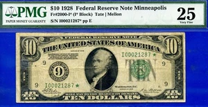 1928 $10 Federal Reserve Note PMG 25 rare 16 known Minneapolis star Fr 2000-I* - Picture 1 of 3