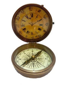 Messing Schreibtischuhr Nautisch Schiff Kompass & Antik Taschenuhr Vintage Geschenk - Bild 1 von 5