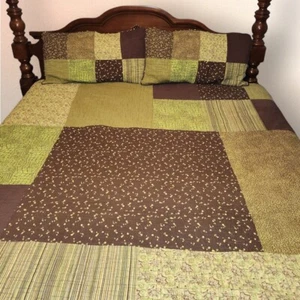 Donna Sharp KING Pistachio Brown Patchwork Quilt And Pillow Shams Country MCM - Picture 1 of 6