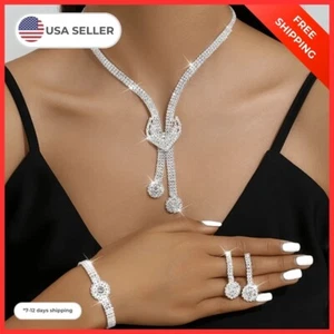 4pcs Long Heart Rhinestone Necklace Set for Women, Includes Bracelet and Earring - Picture 1 of 5