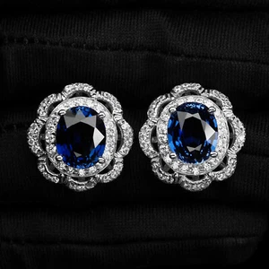 Floral Setting Royal Blue Sapphire 8.14Ct 925 Sterling Silver Handmade Earrings - Picture 1 of 5