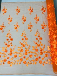 3D Floral Cluster Lace - Orange - Embroidered 3D Flower Cluster on Mesh Yard - Picture 1 of 4