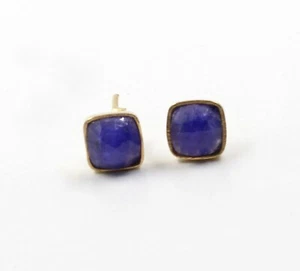 925 Sterling Silver Jewelry Checker Square Sapphire Corundum Handmade Earring - Picture 1 of 4
