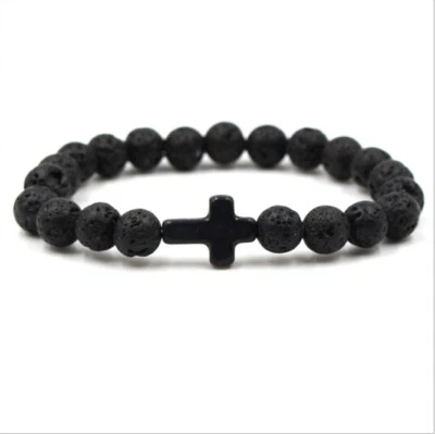 Black Nature Stone Lava Stone Bead Cross Charm Bracelets Bangles For Men Male - Image 1 of 4
