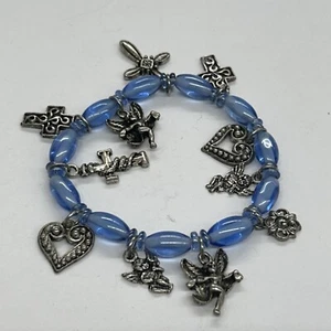 Christliches elastisches Zinn Bettelarmband blau Kunststoffperlen ca. 2 Zoll Breite K24 - Bild 1 von 4