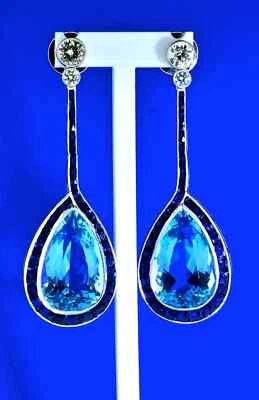 Very Bright Blue Pear Cut Aquamarine With Deep Blue & White Sapphire Earrings - Image 1 of 4