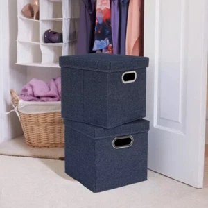 Household Essentials Set of 2 Collapsible Cotton Blend Cube Storage Box with Lid - Picture 1 of 6