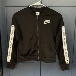 NIKE Sportswear Track Jacket Girls Black Tricot Spellout Trim Full Zip - Size L - Picture 1 of 9