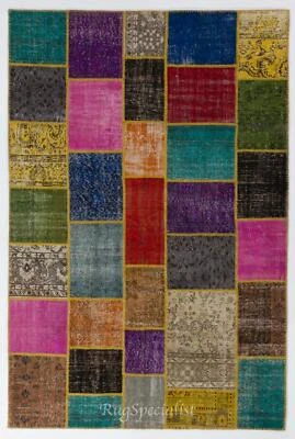 Vivid Colorful Handmade Boho Turkish Patchwork Rug. Bright Colors Modern Carpet - Image 1 of 4