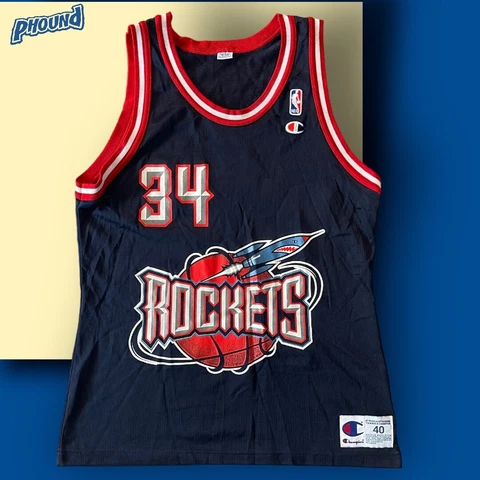Vintage Houston Rockets Hakeem Olajuwon jersey champion Mens Size 40 Blue Rare Cover