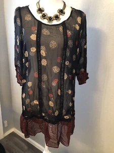 Anthropologie Moulinette Soeurs Silk Dress sz S Black Floral Sheer 3/4 Sleeve - Picture 1 of 14