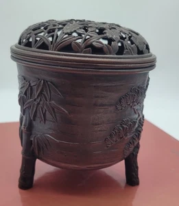 Takaoka Copper Pine Bamboo Plum Incense Burner 3-Leg EUC - Picture 1 of 11