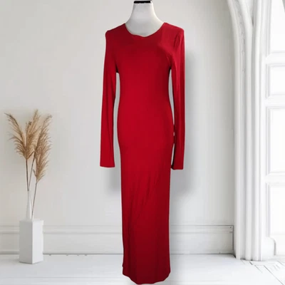 Donna Karan Red Jersey Minimalist Maxi Dress Size L Viscose Long Sleeve Modest - Image 1 of 4