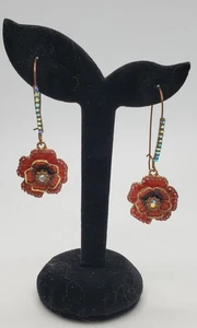 Vintage Genuine Betsey Johnson Red Rose Flower Dangle Earrings Rhinestones - Picture 1 of 9