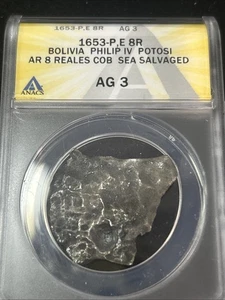 SASA 1653 Bolivia Silver Cob 8 Reales “capitana Shipwreck” Graded Anacs Ag3 - Picture 1 of 6