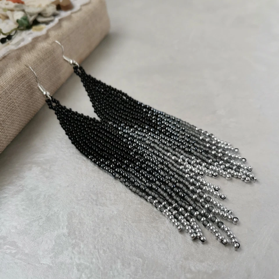 Negro Gris Plata Semilla Larga Flecos Pendientes Boho Cuelga Cuentas Joyería Regalo Foto 1 de 4