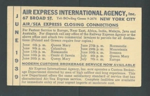 1939 Air Express Int'l Agency Post Card Announces Arrivals & Departures Of---- - Picture 1 of 1