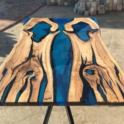 Blue Epoxy Custom Green Epoxy Resin Wooden River Style Luxury Dining Top - Image 1 of 4