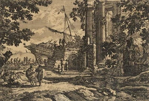 Ruinen vor Hafen mit Segelschiff, um 1750, Kupferstich Unbekannt (18.Jhd) - Bild 1 von 4
