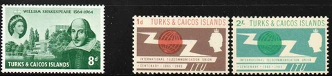 Turks & Caicos 1964 SC# 141-143 Shakespeare,  ITU Emblem ' MNH FREE SHIP Cover