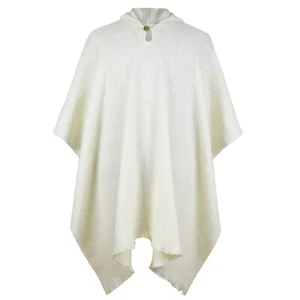 Llama Wool Mens Unisex South American Hooded Poncho Jacket Plain White - Picture 1 of 11