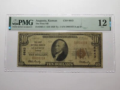 $10 1929 Augusta Kansas KS National Currency Bank Note Bill Ch. #6643 F12 PMG - Image 1 of 4