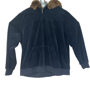 Vtg Lauren Ralph Lauren Jacket Women 1X Black Velvet With Faux Fur Trim Hood - Picture 1 of 13