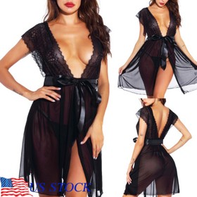 Women's Lace Kimono Robe Sexy Babydoll Lingerie Deep V Neck Nightgown Cover Up