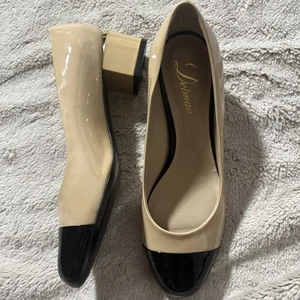 Delman Vero Cuoio Livia Cap Toe Block Leather Pump Nude Black ITALY NEW Sz 7 - Picture 1 of 10