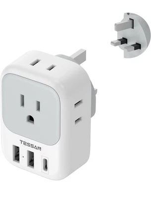 Convertidor de viaje tipo G enchufe de EE. UU. a Reino Unido con 3 cargadores USB, adaptador de corriente de 4 salidas Foto 1 de 4