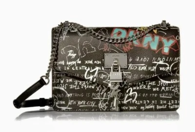 DKNY CLEO Medium Shoulder Flap Bag Purse Chain Charm White Graffiti $228 NEW - Image 1 of 4