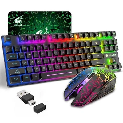 Wireless Gaming Keyboard Mouse Combo Rainbow Backlit 87 Key for PC MAC PS4 Xbox - Image 1 of 4