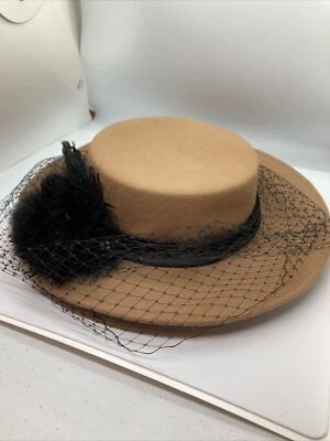 Vintage Brown Michael Howard Wool Hat Black Plume Netting USA Made Church Derby - Image 1 of 4