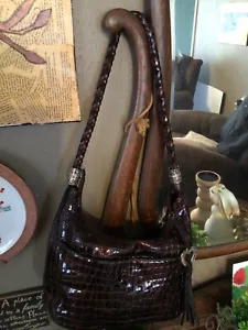 Brighton Barbados Hobo Shoulder Bag Crocodile Emboss Brown Braided Heart Tassel - Picture 1 of 9