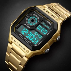 Men Digital LED Watch Date Waterproof Stainless Steel Military Sport Wrist Watch - Picture 1 of 15